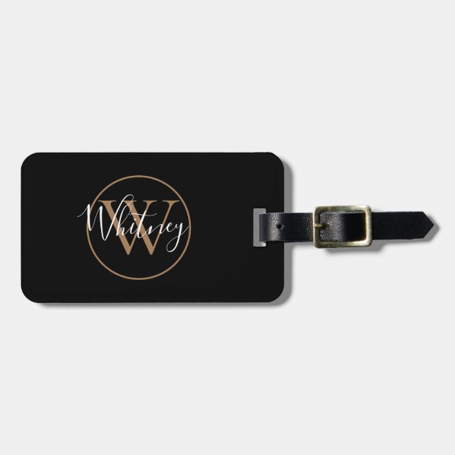 Script Name Monogram Black Gold Luggage Tag (Front Horizontal)
