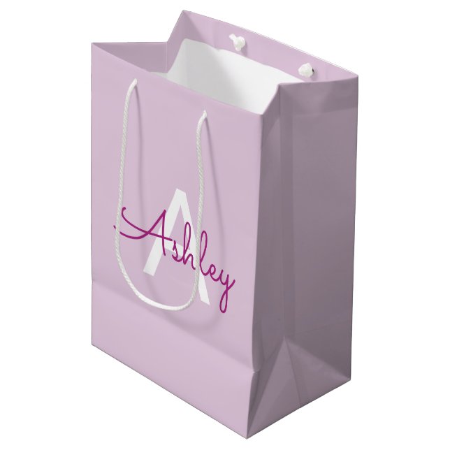 Script Name & Monogram | Magenta & Light Purple Medium Gift Bag (Front Angled)
