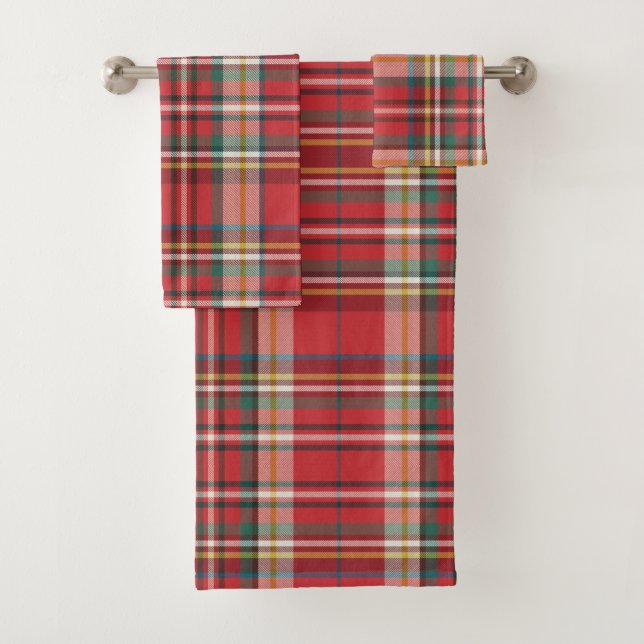 Script Name Monogram Plaid Rustic Red Bath Towel Set (Insitu)