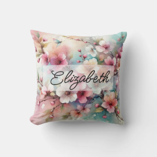 Script name on vintage watercolor pink flowers  throw pillow