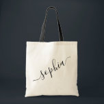 Script Name Personalized Modern Simple Tote Bag<br><div class="desc">Chic personalized labelled reusable canvas tote bag with custom name text for bridesmaid gifts, bachelorette parties, birthday favours, and girls trip keepsakes, and graduation gift for cute college and dorm room storage. Perfect for sports and hobby gear storage and transport. Colours and fonts are editable, just click “customize further” to...</div>