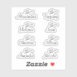 Script Name Sticker with heart Vinyl Sticker<br><div class="desc">Set of eight script name stickers combined with a heart design. This sticker can be easily personalized by changing the name into another name of your choice or any custom text. Name sticker is a great way to mark your Bridal Shower, Wedding, Bachelorette Party or any other party gifts or...</div>