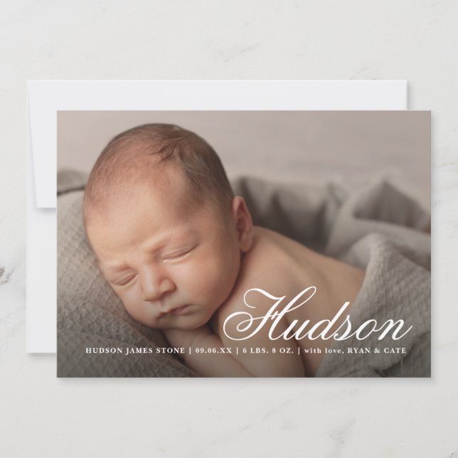 Script name three photo modern birth announcement (Front)