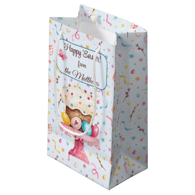 Script Name Watercolor Bunny Easter Pattern Small Gift Bag (Front Angled)
