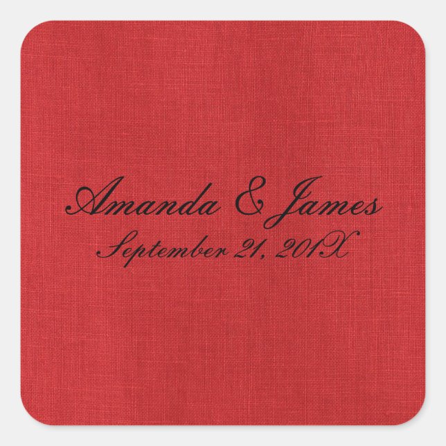 Script Names Date Red Linen Texture Photo Wedding Square Sticker (Front)