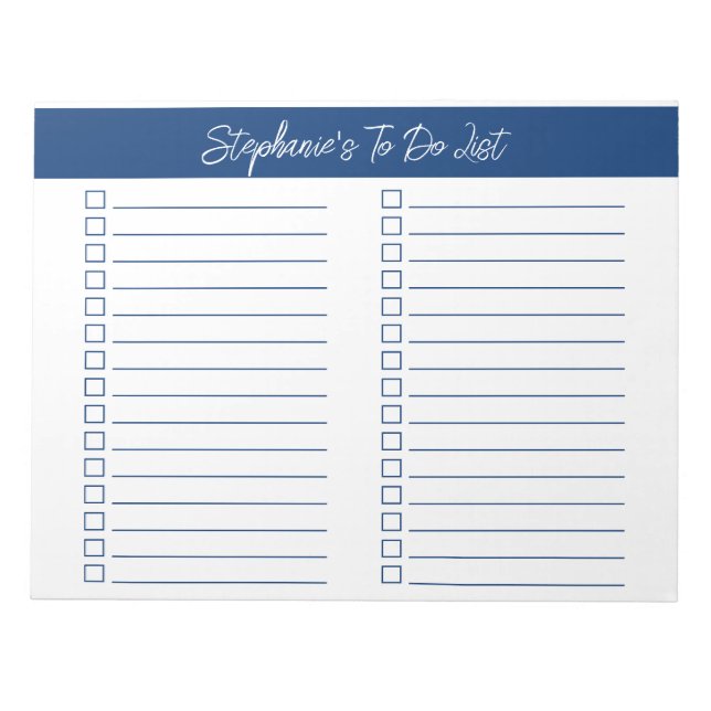 Script Navy Blue 8.5x11 Two Column Checklist Notepad (Front)