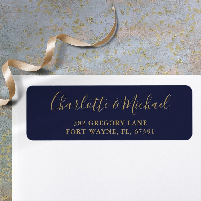 Script Navy Blue And Gold Mariage Adresse de retou (Script Navy Blue And Gold Wedding Return Address Label)