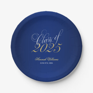 Script Navy Blue Faux Gold 2024 Graduation Party Paper Plate