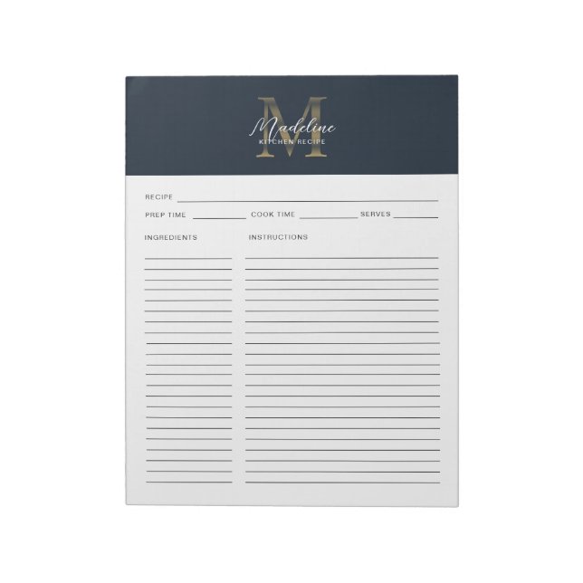 Script Navy Blue Metallic Gold Monogram Recipe Notepad (Rotated)