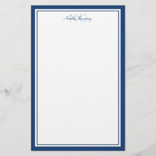Script Navy Blue Two Border Monogram Vertical Stationery