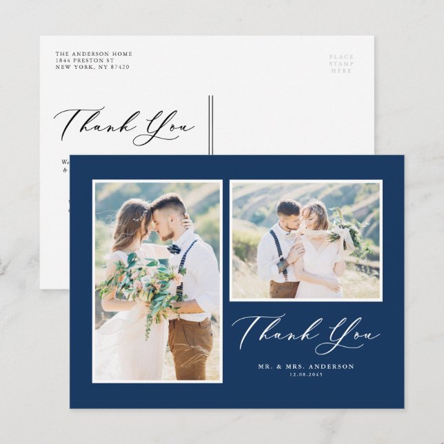 Script Navy Blue Two Photo Wedding Thank You Postcard (Front/Back)