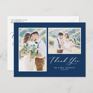 Script Navy Blue Two Photo Wedding Thank You Postcard