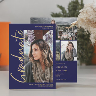 Script navy gold graduate photo graduation Invitation