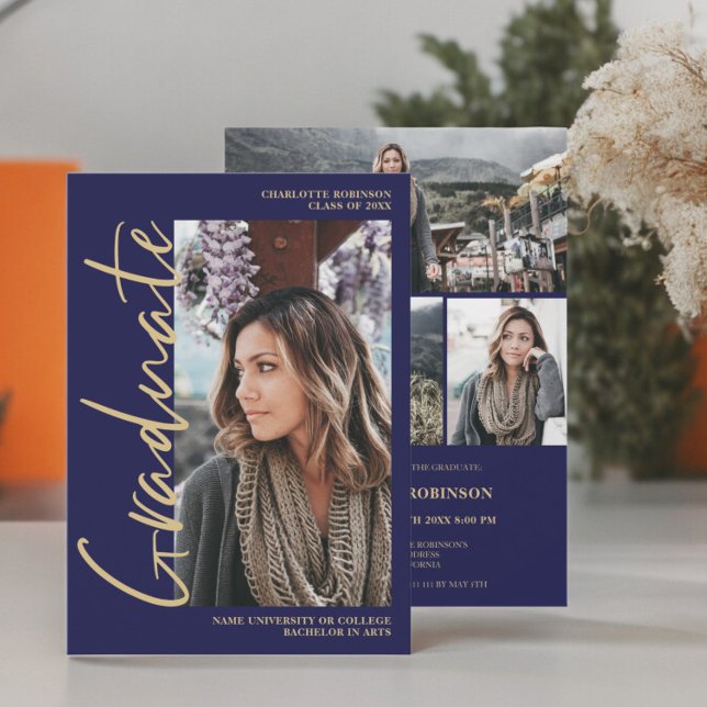  Script navy gold graduate photo graduation Invitation (Script navy gold graduate photo graduation Invitation)