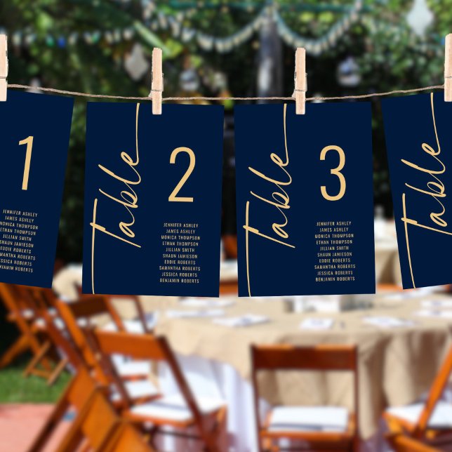 Script Navy Gold Table Number Names Seating Chart (Creator Uploaded)