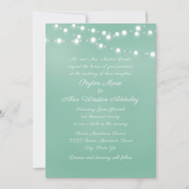 Script Neo Mint Teal White String Lights Wedding Invitation (Front)