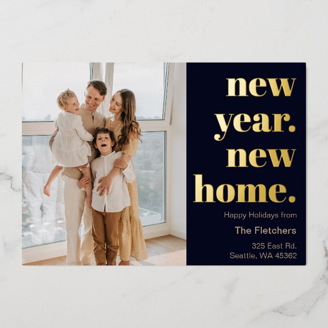 Script New Year New Home Holidays Photo Moving Foil Holiday Card (Front)