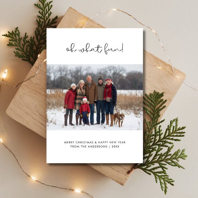Script Oh What Fun Christmas Family Photo Blue Holiday Card (Creator Uploaded)