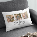 Script Our Family Name Photo Collage Lumbar Pillow<br><div class="desc">Pillow featuring the words "Our Family" in a stylish script with 3 square photos arranged side by side on the front and back side making it 6 photos in total that you can replace with you own photos against a white background. You can also add your family name and the...</div>