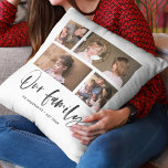 Script Our Family Name Photo Collage Throw Pillow<br><div class="desc">Pillow featuring the words "Our Family" in a stylish script with 4 photos photos arranged side by side on the front and back side making it 8 photos in total that you can replace with you own photos against a white background. You can also add your family name and the...</div>