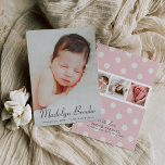 Script Overlay Pink Baby Girl Multi Photo Birth Announcement<br><div class="desc">Announce your new baby girl to family and friends in style with this simply chic photo birth announcement. Features an elegant charcoal grey (can be customized) text overlay on the front featured photo, and three square photos on the back of the card with text that can be personalized. Background on...</div>