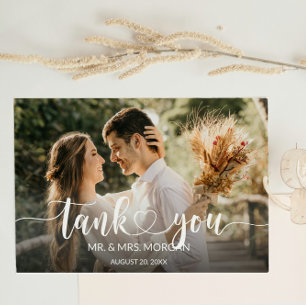 Script Overlay Text  Heart and Photo Wedding Thank You Card