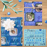 Script Pattern Blue On Blue 4 Photo Hanukkah Wrapping Paper Sheet<br><div class="desc">Create your own personalized wrapping paper for Hanukkah with this script typography in blue on blue, three fun patterns and your photos highlighted as part of the design. This blue on blue custom Hanukkah wrapping paper is easy to personalize for one of a kind Chanukah gift wrap in a three...</div>