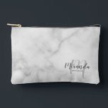 Script Personalized Bridesmaid Monogram Name Accessory Pouch<br><div class="desc">Add a personal touch to your wedding with personalized bridesmaid gift. This design features personalized bridesmaid's name in grey modern script font style and monogram in light grey modern script font style as background with title in grey modern sans serif font style on white marble background. Also perfect for maid...</div>