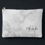 Script Personalized Bridesmaid Monogram Name Accessory Pouch<br><div class="desc">Add a personal touch to your wedding with personalized bridesmaid gift. This design features personalized bridesmaid's name in grey modern script font style and monogram in light grey modern script font style as background with title in grey modern sans serif font style on white marble background. Also perfect for maid...</div>