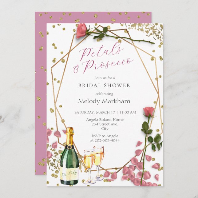  Script Petals and Prosecco Peony Pink Invitation (Front/Back)