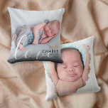 Script Photo Baby Birth Stats Announcement Throw Pillow<br><div class="desc">Modern elegant gold photo baby birth announcement pillow to introduce your beautiful newborn baby. The front features a photo of your baby along with chic gold and black text for your baby's name and birth stats with a second photo on the reverse. A lovely keepsake to celebrate your new arrival!...</div>