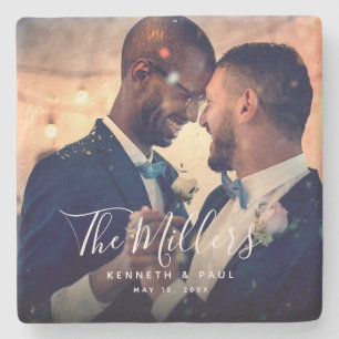 Script Photo Newlyweds Wedding Stone Coaster