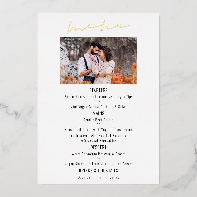 Script Photo Wedding Luxury Real Foil Menu Card (Front)