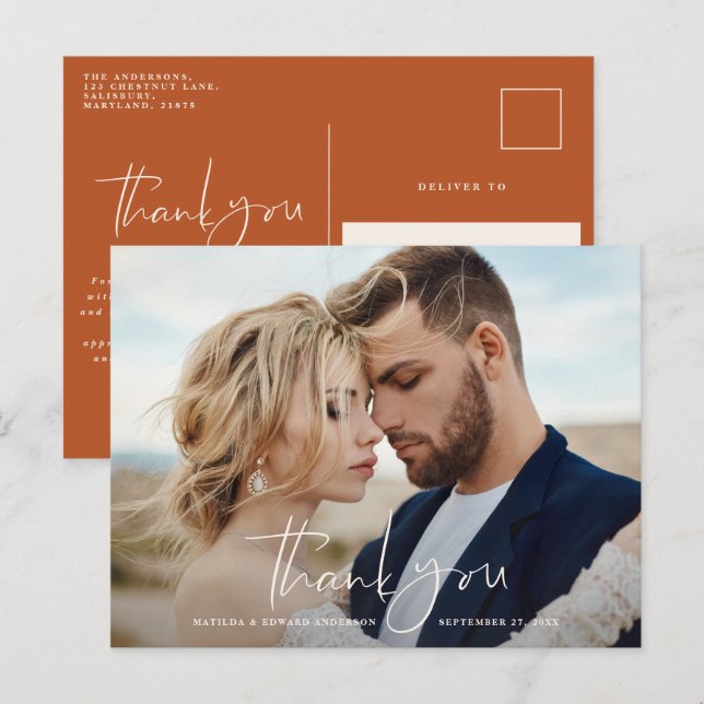 Script photo wedding thank you modern minimal chic announcement postcard (Front/Back)
