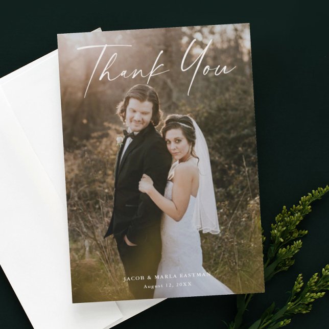 Script photo wedding thank you modern minimal chic card (Creator Uploaded)