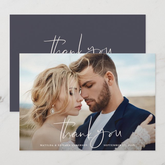 Script photo wedding thank you modern minimal chic card (Front/Back)