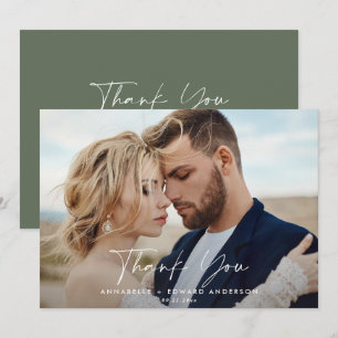 Script photo wedding thank you sage green modern card