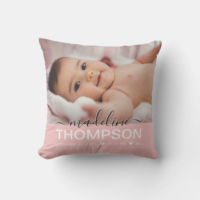 Script Pink Baby Newborn Keepsake Name Photo Throw Pillow (Front)