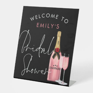 Script Pink Champagne Name Welcome Bridal Shower Pedestal Sign