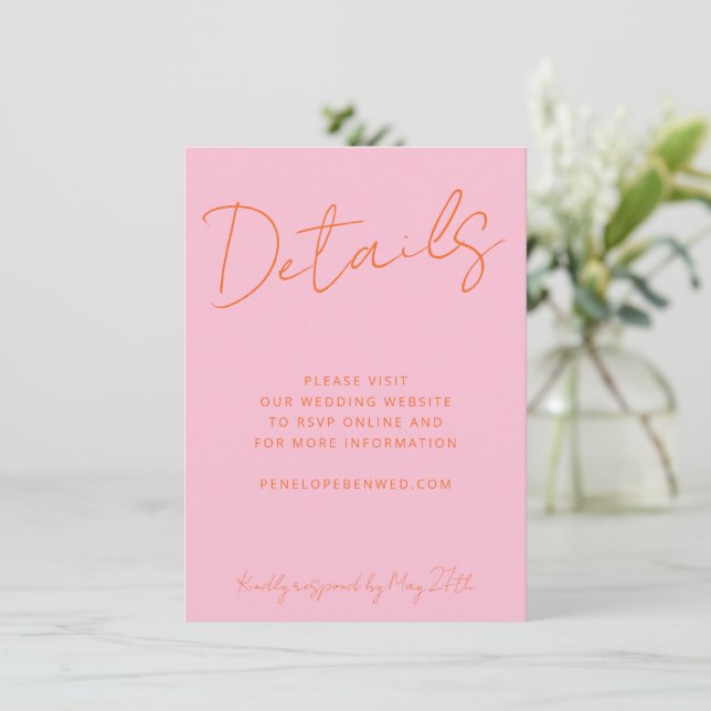 Script Pink Orange Wedding Website Details QR  Invitation (Standing Front)