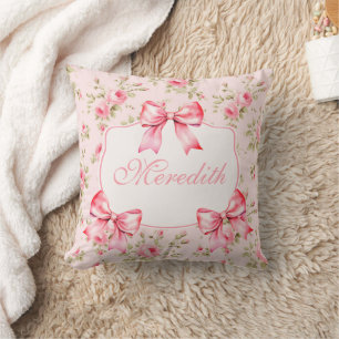 Script Pink Roses Bow Coquette Throw Pillow
