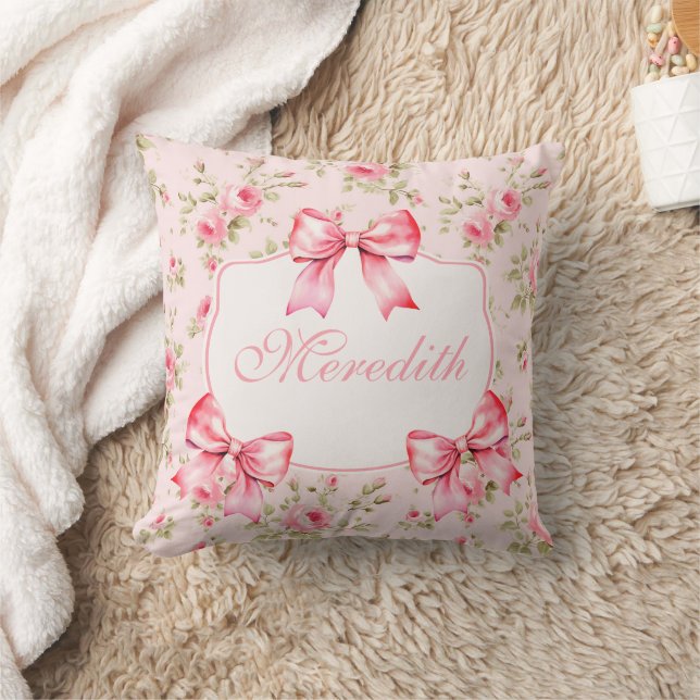 Script Pink Roses Bow Coquette Throw Pillow (Blanket)