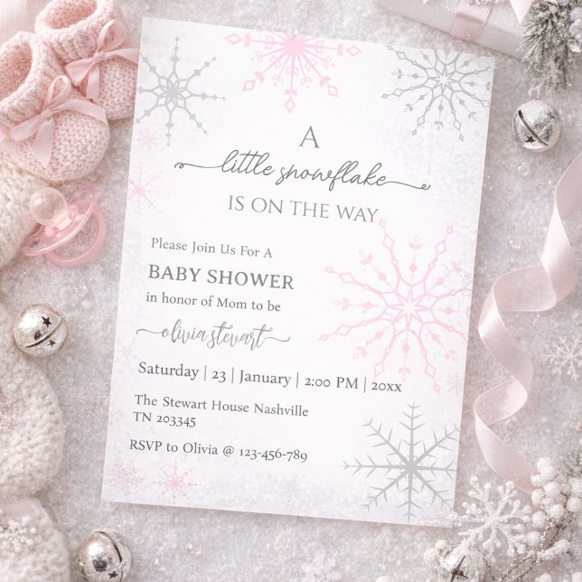 Script pink snowflake Winter Baby Shower Invitation (Creator Uploaded)
