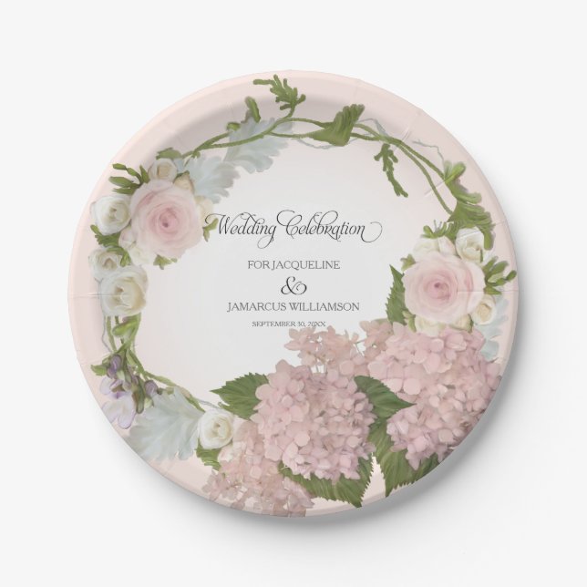 Script Pretty Hydrangea Floral Wreath Hand Painted Paper Plate (Front)