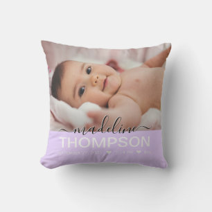 Script Purple Baby Newborn Keepsake Name Photo Throw Pillow