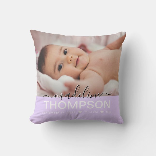 Script Purple Baby Newborn Keepsake Name Photo Throw Pillow (Front)