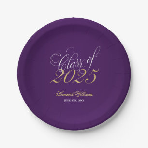 Script Purple Faux Gold 2024 Graduation Party Paper Plate
