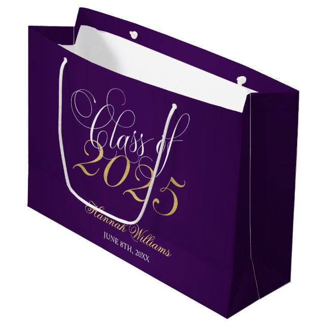 Script Purple Gold Class of 2025 Graduation Large Gift Bag (Front Angled)