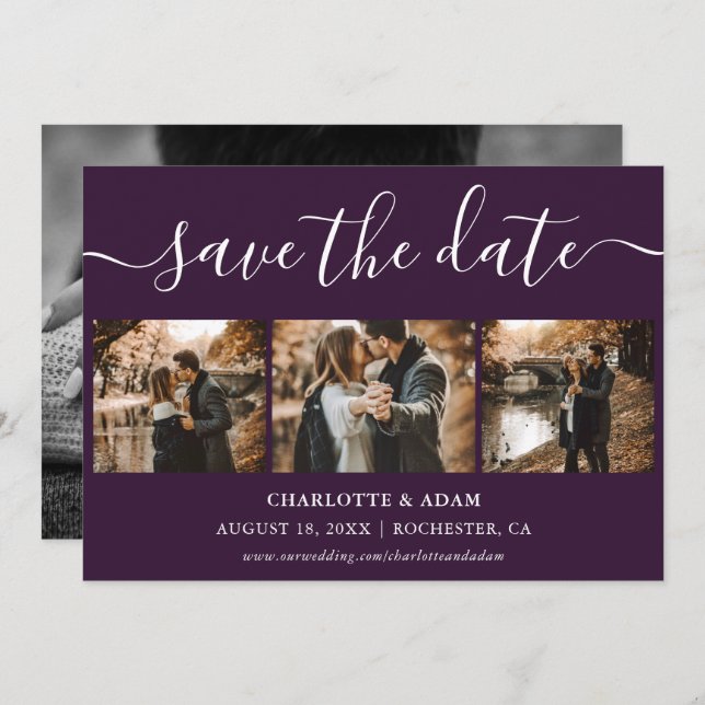 Script Purple Wedding Photo Save The Date Cards (Front/Back)