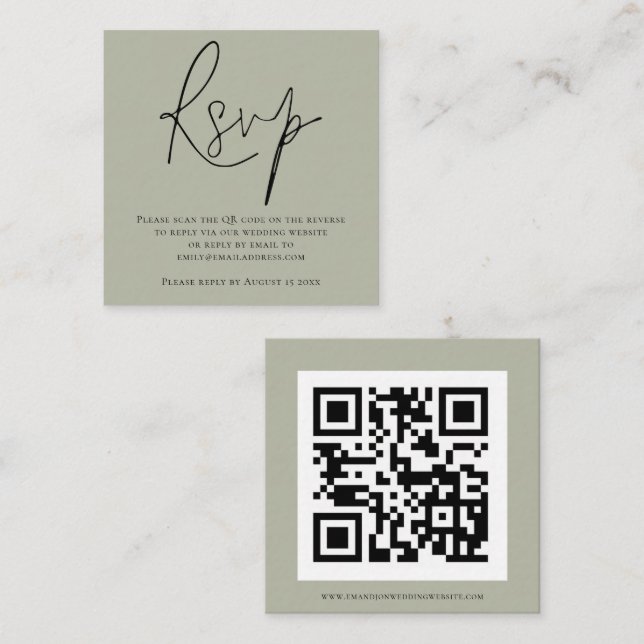 Script QR Code Soft Sage Green Wedding RSVP Enclosure Card (Front/Back)